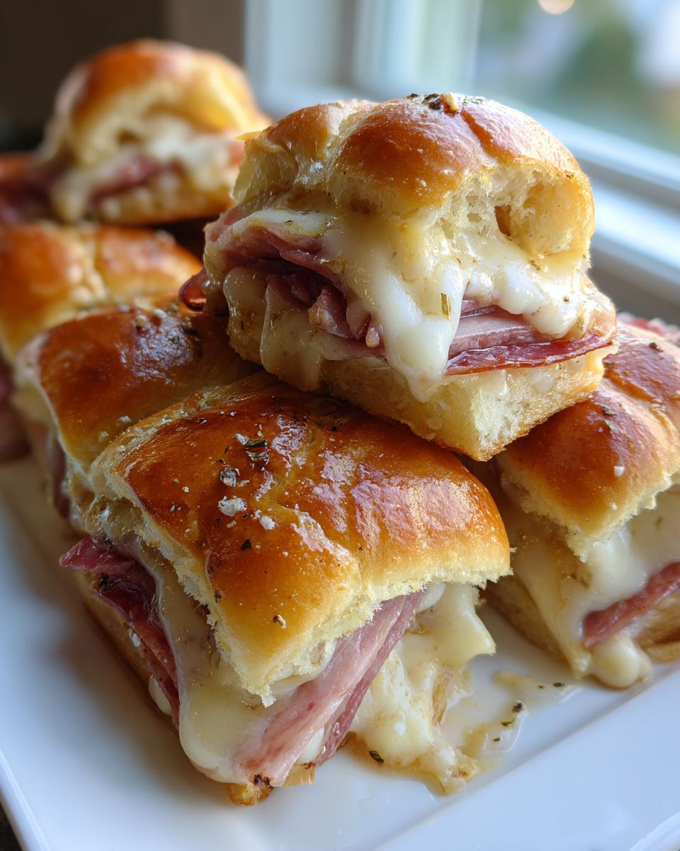 Close-up of stacked, warm grinder sliders oozing melted cheese and filled with deli meats on glossy, seasoned rolls.