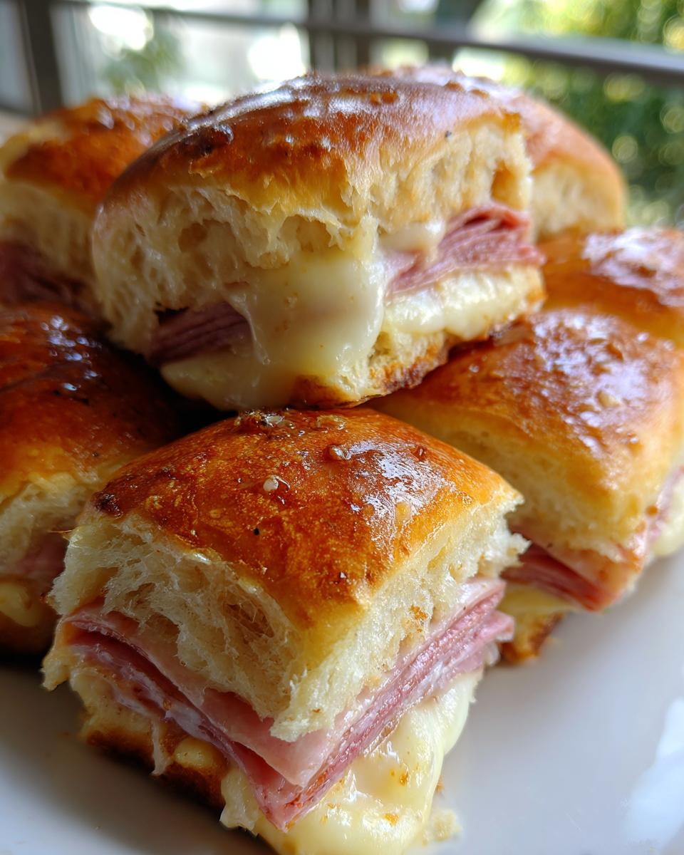 Close-up of several freshly baked grinder sliders stacked, showing melted cheese oozing out from layers of ham.