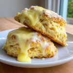 Two fluffy lemon scones stacked and generously topped with a thick, dripping lemon glaze.
