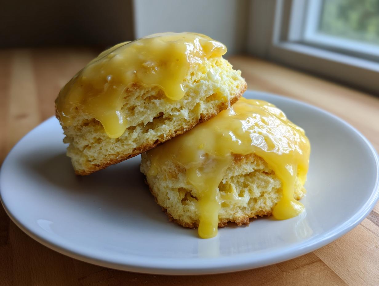 Two halves of fluffy lemon scones stacked and generously topped with a thick, dripping lemon glaze.