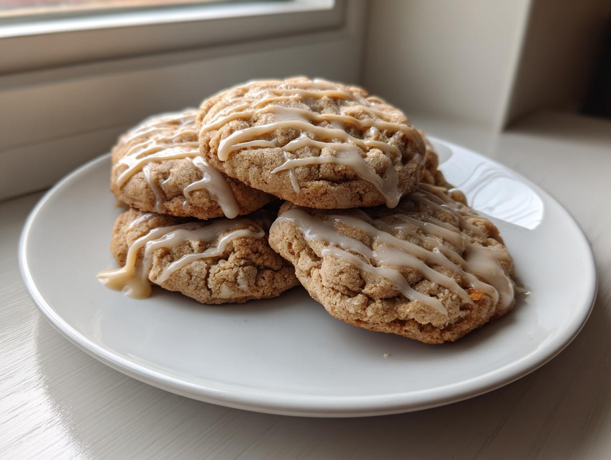 A stack of four delicious maple cookies drizzled with a light brown glaze, resting on a white plate.