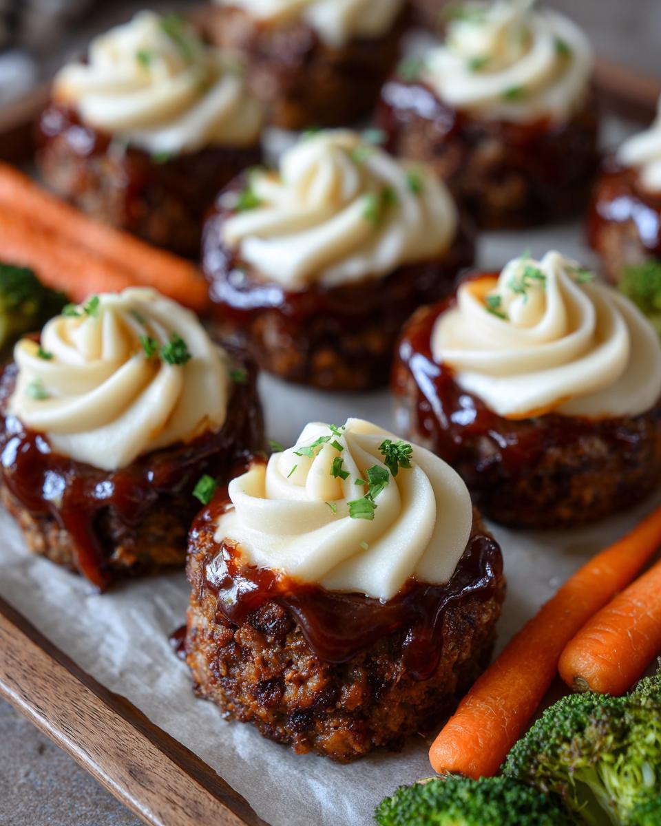 Several individual mini meatloaf portions topped with piped mashed potatoes and glaze, served with carrots and broccoli.