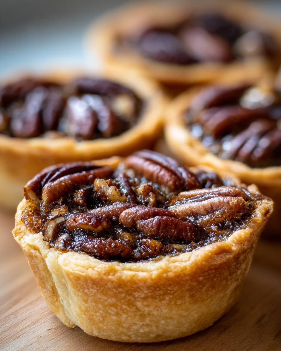 A close-up, macro shot of one perfectly baked mini pecan pie, topped with whole pecans.
