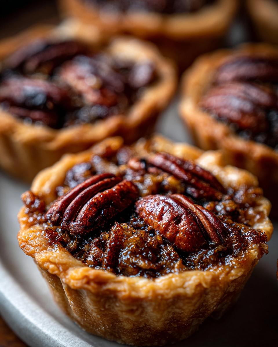 A close-up, macro shot of one perfectly baked mini pecan pie, topped with whole pecans.