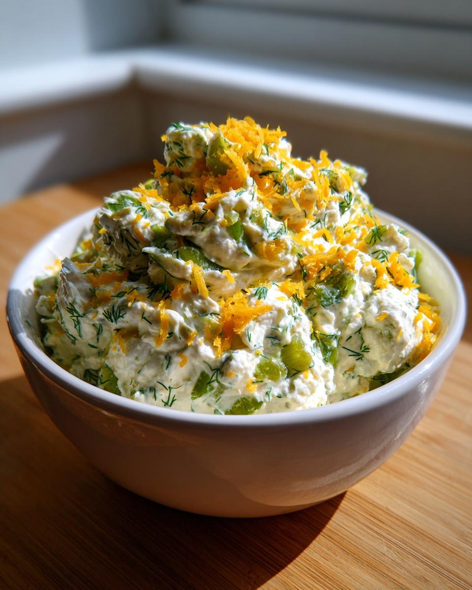 A creamy, chunky pickle dip topped with shredded cheddar cheese and fresh dill, served in a white bowl.