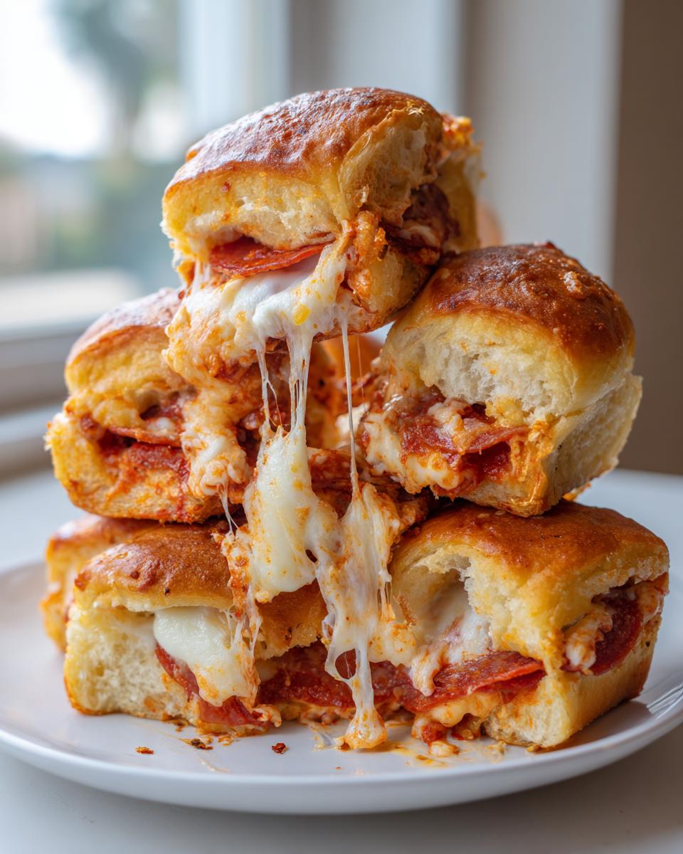 A stack of gooey, cheesy pizza sliders with pepperoni and melted mozzarella cheese pulling apart.