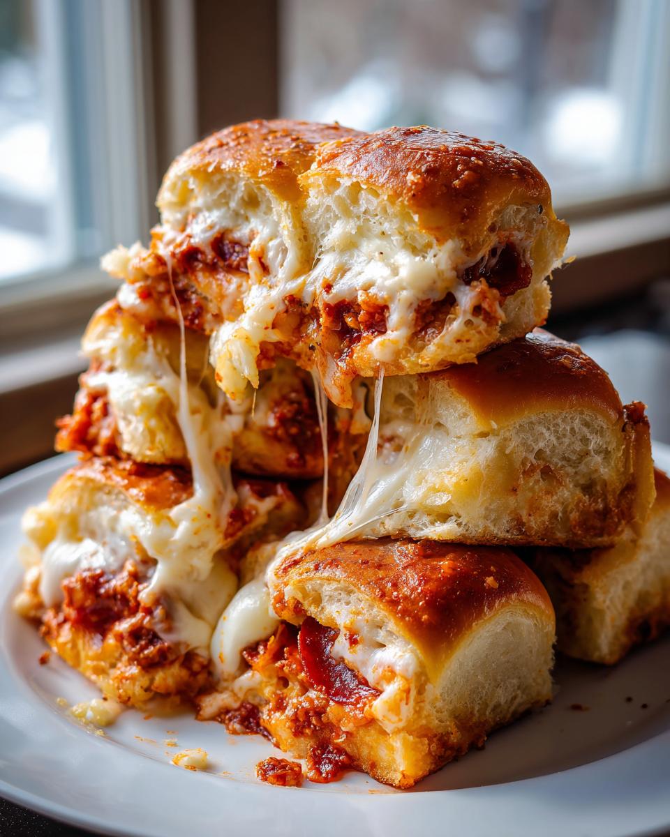 A tall stack of gooey, cheesy pizza sliders with pepperoni and sauce oozing out, showing a dramatic cheese pull.