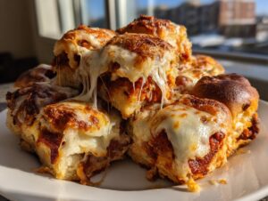 A stack of gooey, cheesy pizza sliders with melted mozzarella stretching between the buns.