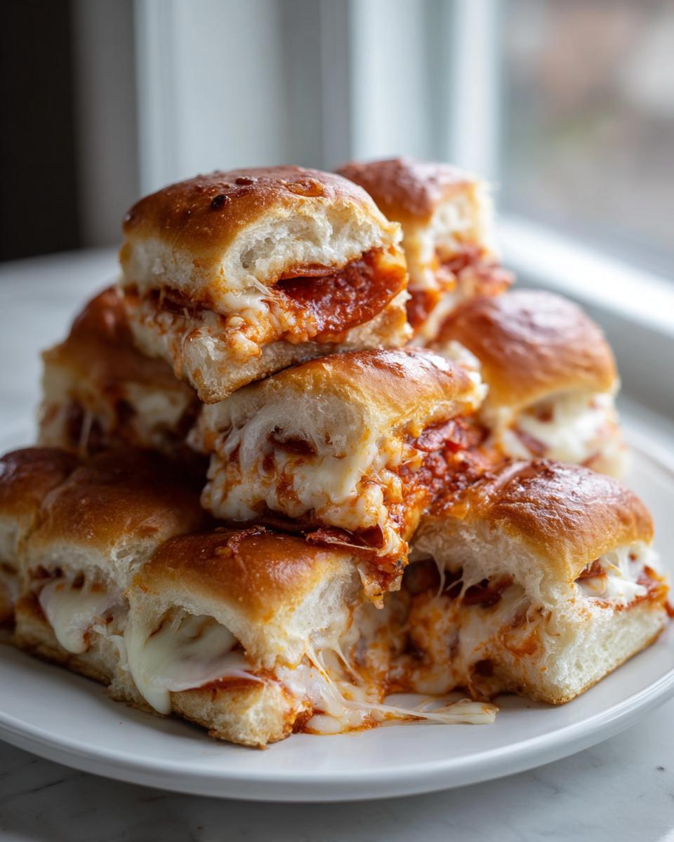 A stack of gooey, cheesy pizza sliders with pepperoni oozing out, ready to eat.