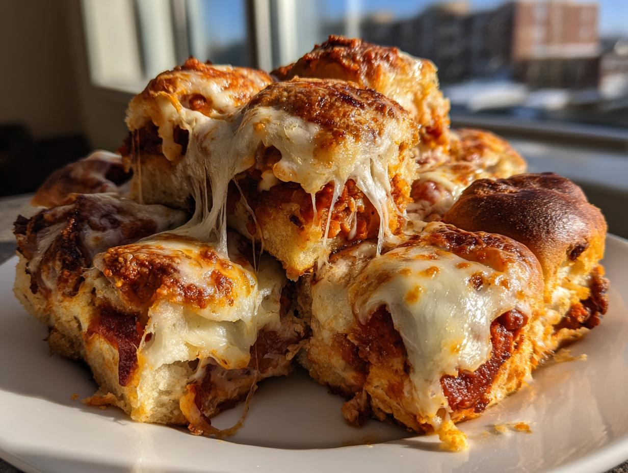 A stack of gooey, cheesy pizza sliders with melted mozzarella stretching between the buns.