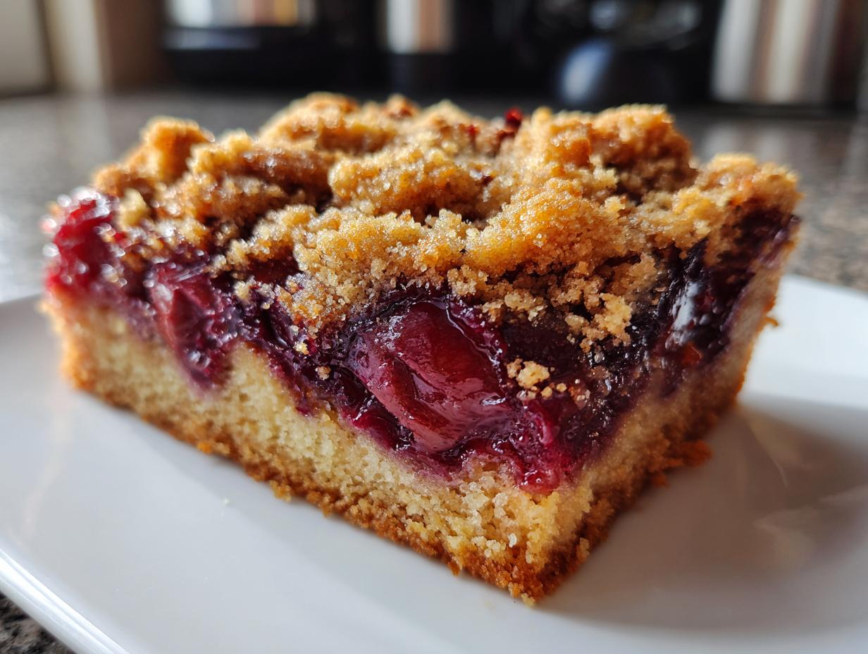 A close-up view of a moist slice of plum cake featuring a thick layer of dark red fruit and a golden, crunchy crumb topping.