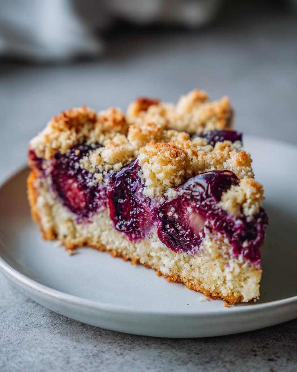 A close-up of a moist slice of plum cake featuring deep purple fruit and a golden crumb topping.