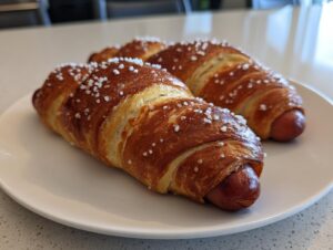 Two golden brown pretzel dogs, sprinkled with coarse salt, resting on a white plate.