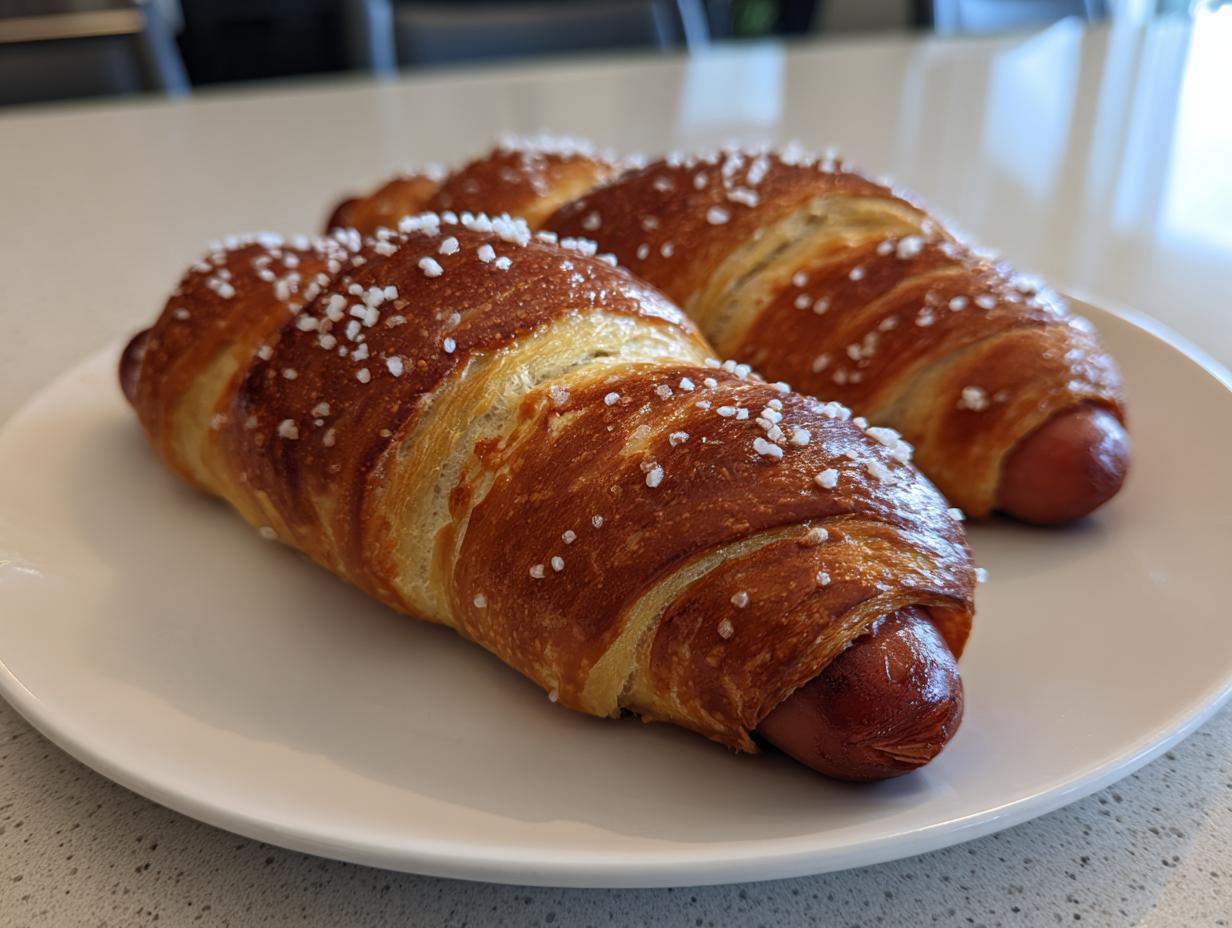 Two golden brown pretzel dogs, sprinkled with coarse salt, resting on a white plate.