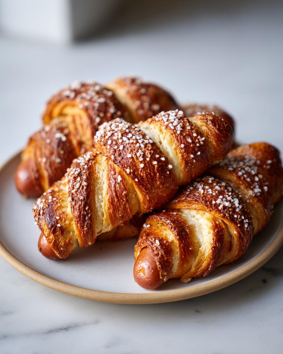 Close-up of several golden brown pretzel dogs wrapped in dough and sprinkled with pearl sugar on a light plate.