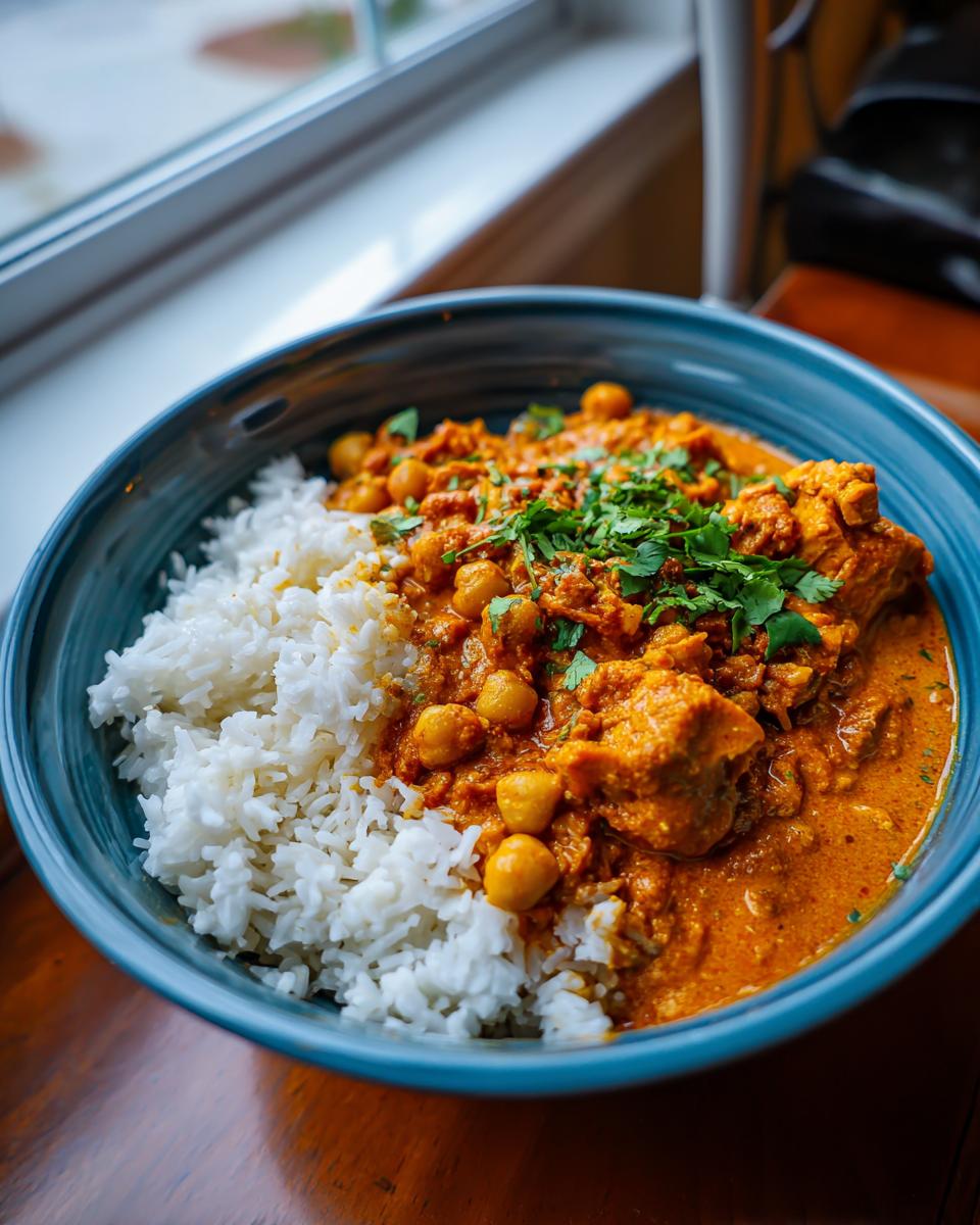 A vibrant bowl of pumpkin curry with chickpeas served alongside fluffy white rice, garnished with fresh cilantro.