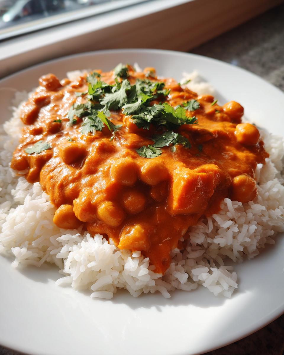 A close-up of a serving of vibrant orange pumpkin curry with chickpeas over fluffy white rice, topped with fresh cilantro.