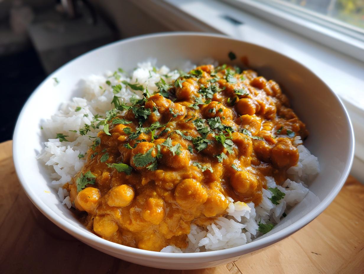 A white bowl filled with fluffy white rice topped generously with rich orange pumpkin curry and fresh cilantro.
