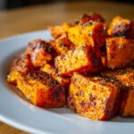 Close-up of perfectly seasoned and caramelized roasted sweet potato cubes piled on a white plate.