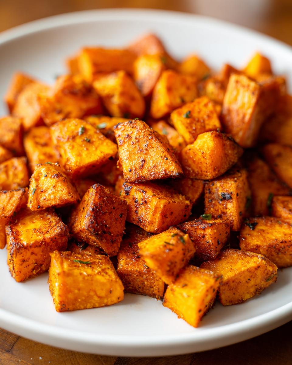 Close-up of perfectly seasoned and caramelized roasted sweet potato cubes piled on a white plate.