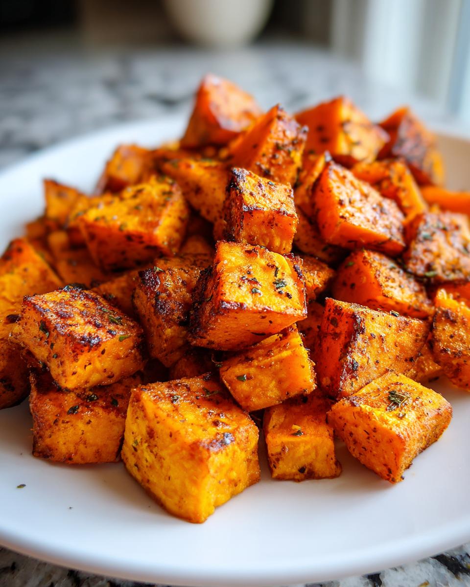Close-up of perfectly seasoned and caramelized roasted sweet potato cubes piled on a white plate.