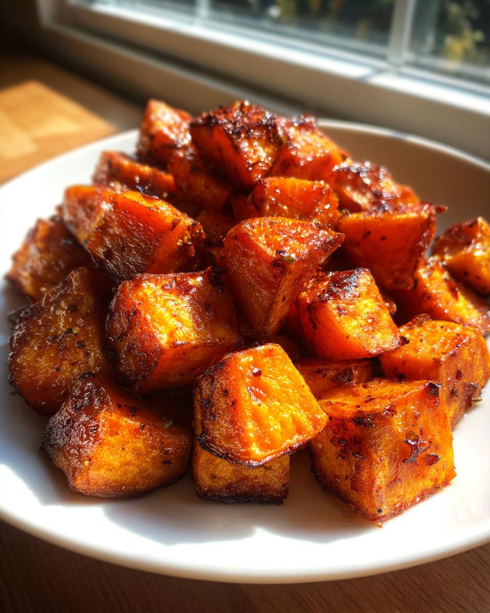 Close-up of perfectly caramelized and seasoned roasted sweet potatoes cubes piled on a white plate.