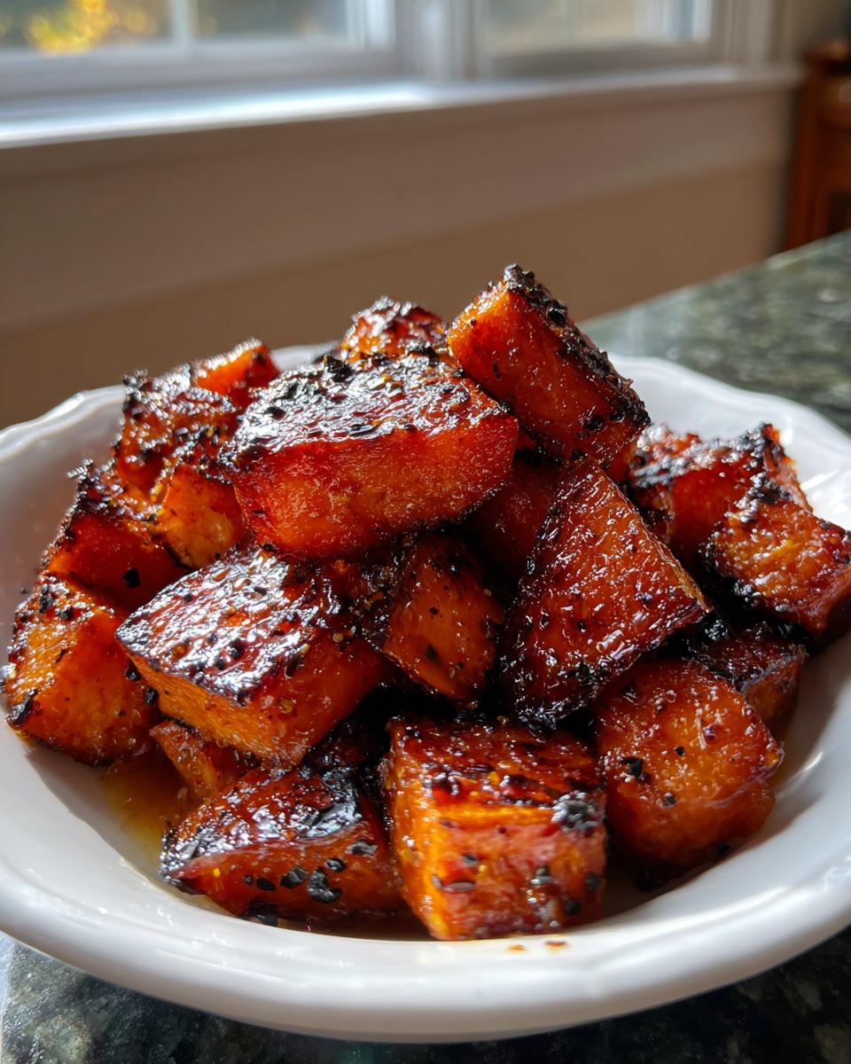 Close-up of perfectly caramelized roasted sweet potatoes cubes piled high in a white bowl.