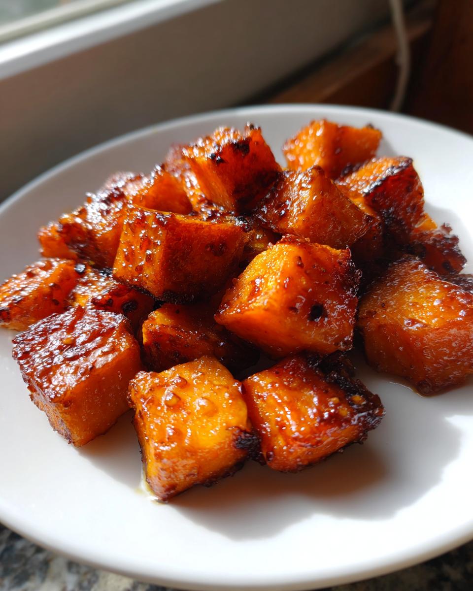 Close-up of perfectly caramelized, cubed roasted sweet potatoes piled on a white plate.