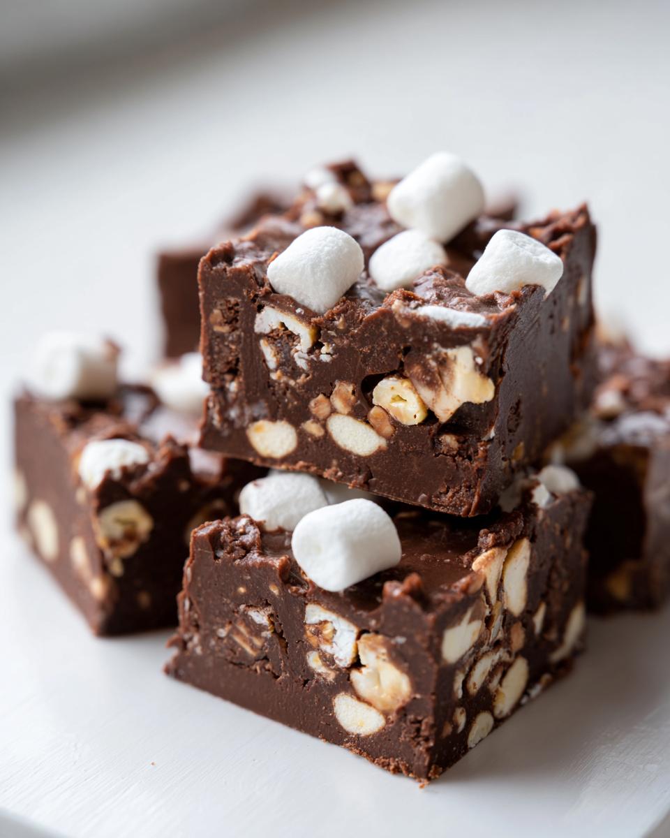Close-up of stacked squares of rich, dark rocky road fudge loaded with nuts and topped with mini marshmallows.