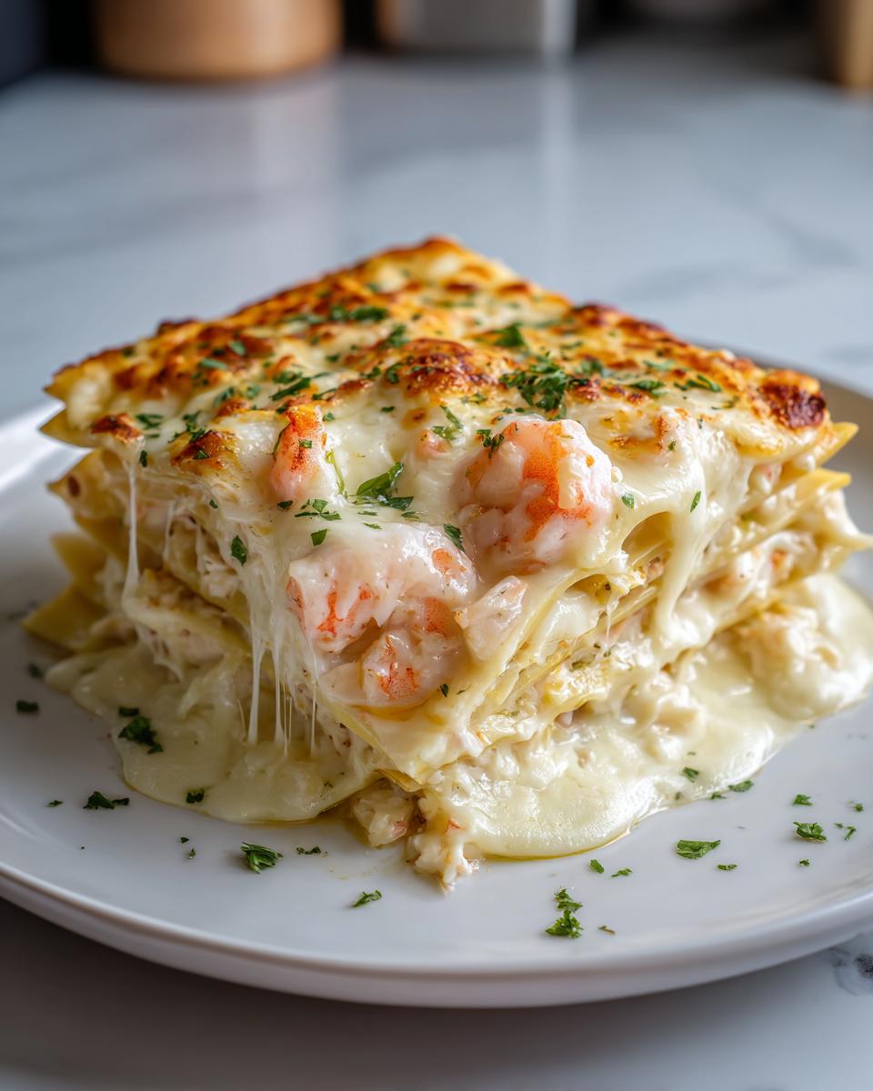 A decadent slice of seafood lasagna showing layers, melted cheese, and visible shrimp pieces.