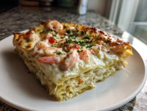 A generous slice of amazing seafood lasagna featuring layers of pasta, creamy white sauce, and topped with pink shrimp and parsley.