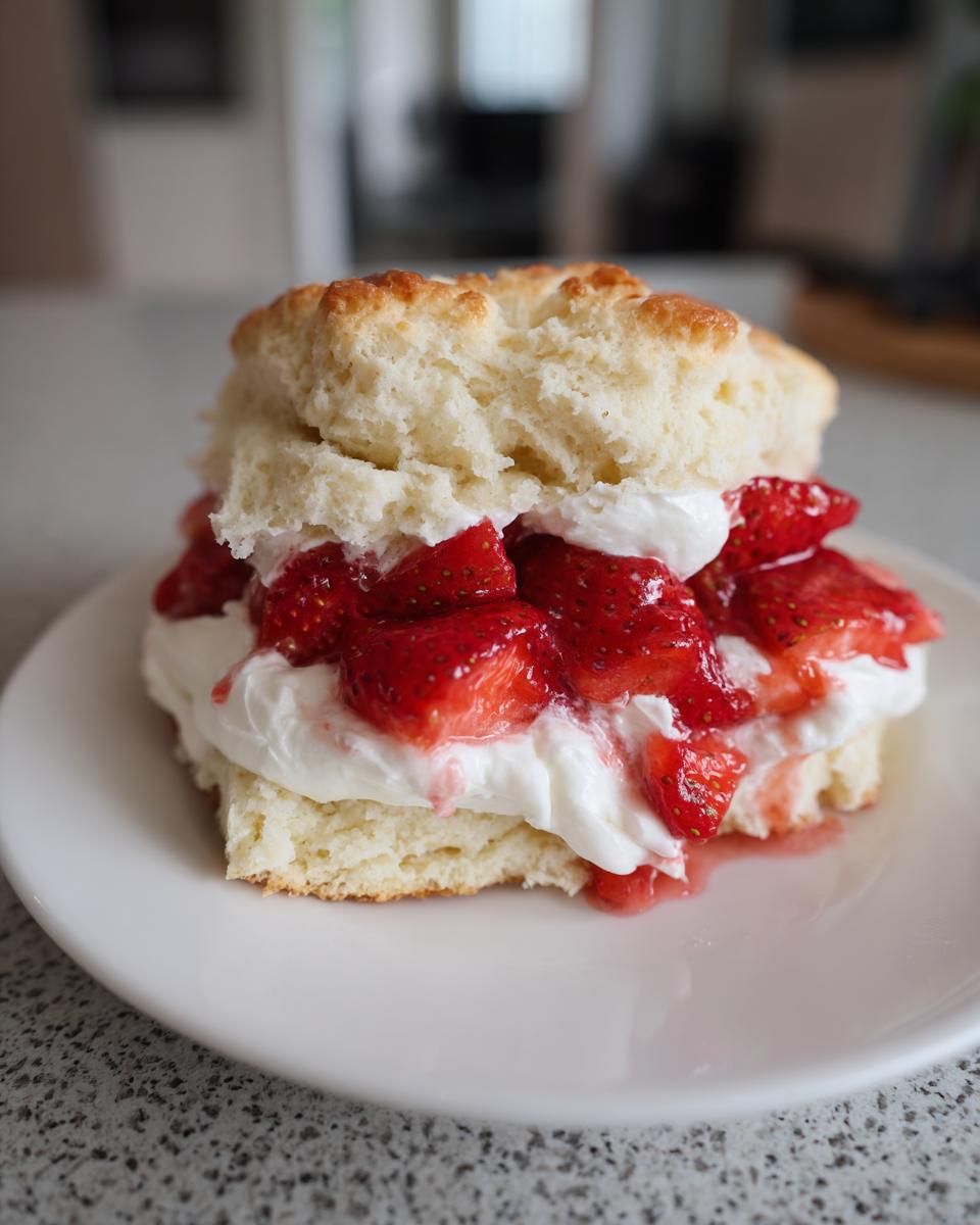 A delicious, fluffy biscuit split and filled with whipped cream and macerated strawberries for a classic shortcake.