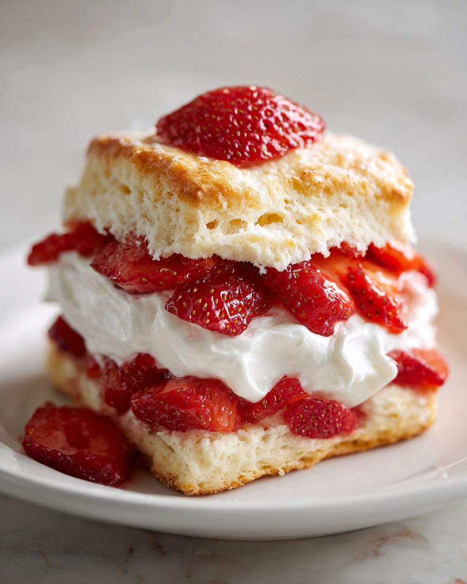 A close-up of a layered strawberry shortcake featuring a biscuit, macerated strawberries, and whipped cream.