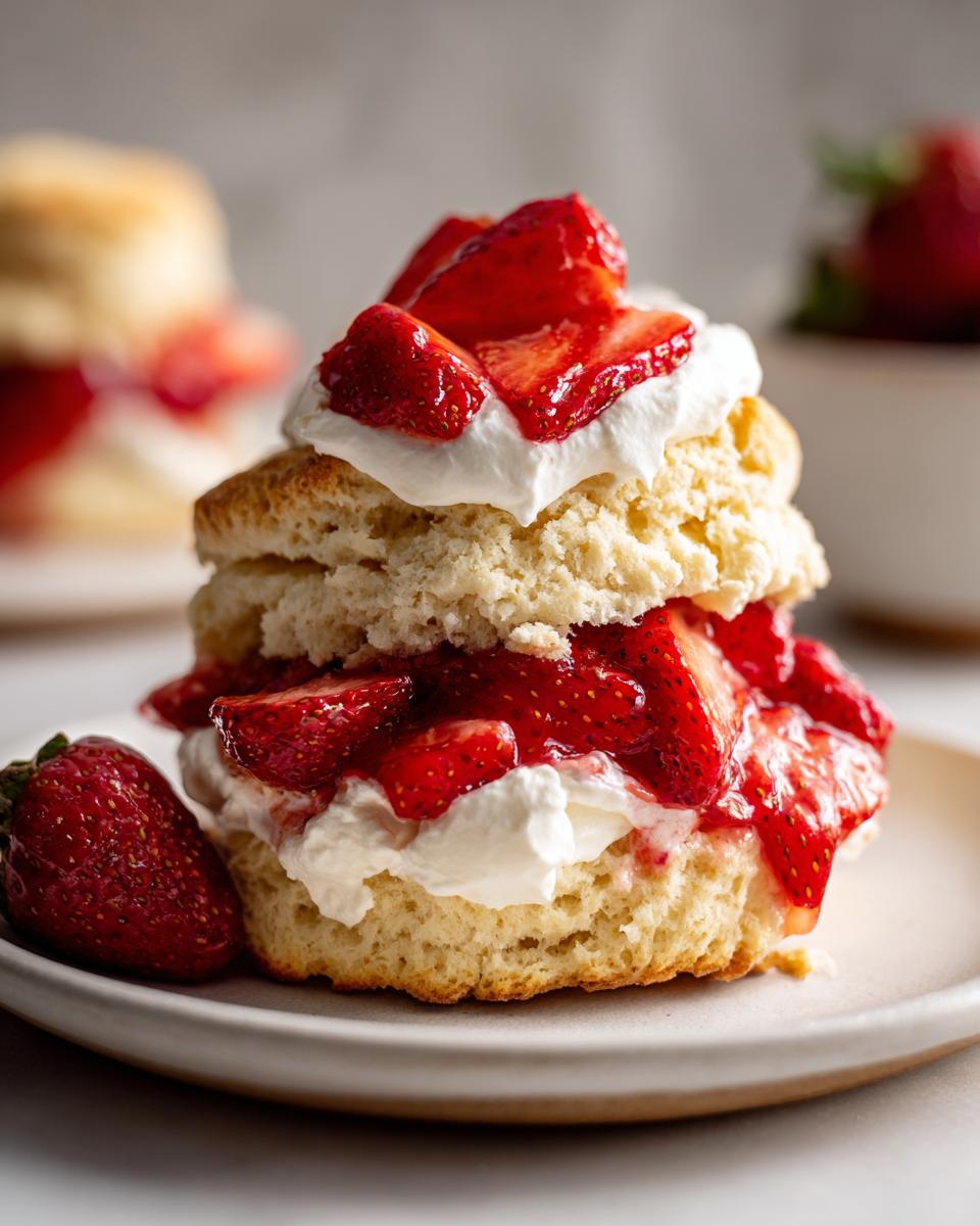 Close-up of a delicious strawberry shortcake layered with macerated strawberries and whipped cream on a plate.