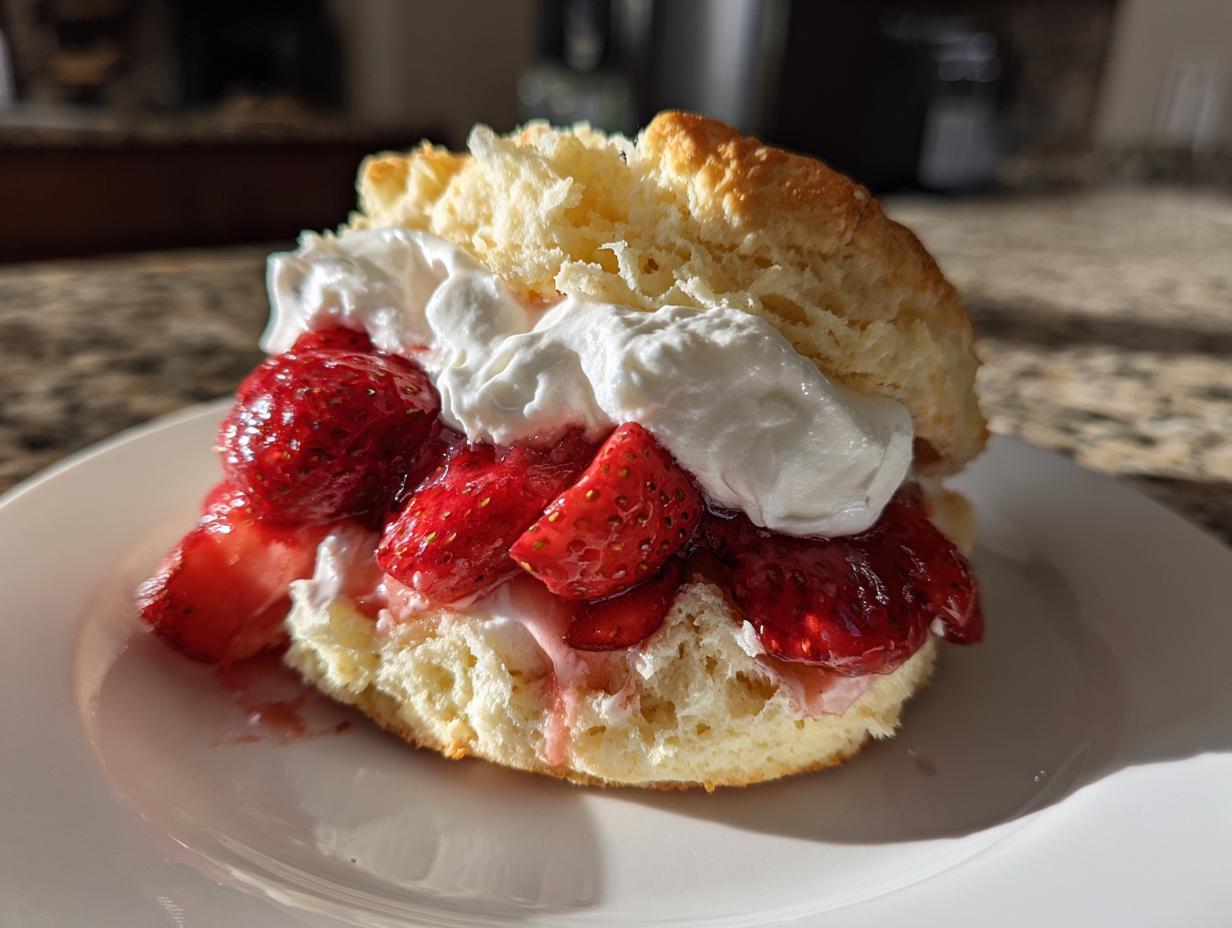 Close-up of a fluffy biscuit shortcake filled with macerated strawberries and whipped cream.