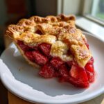 A close-up slice of amazing strawberry rhubarb pie featuring a juicy red filling and a golden, sugared lattice crust.
