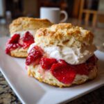 Two servings of homemade strawberry shortcake with fresh strawberries and whipped cream on a white plate.
