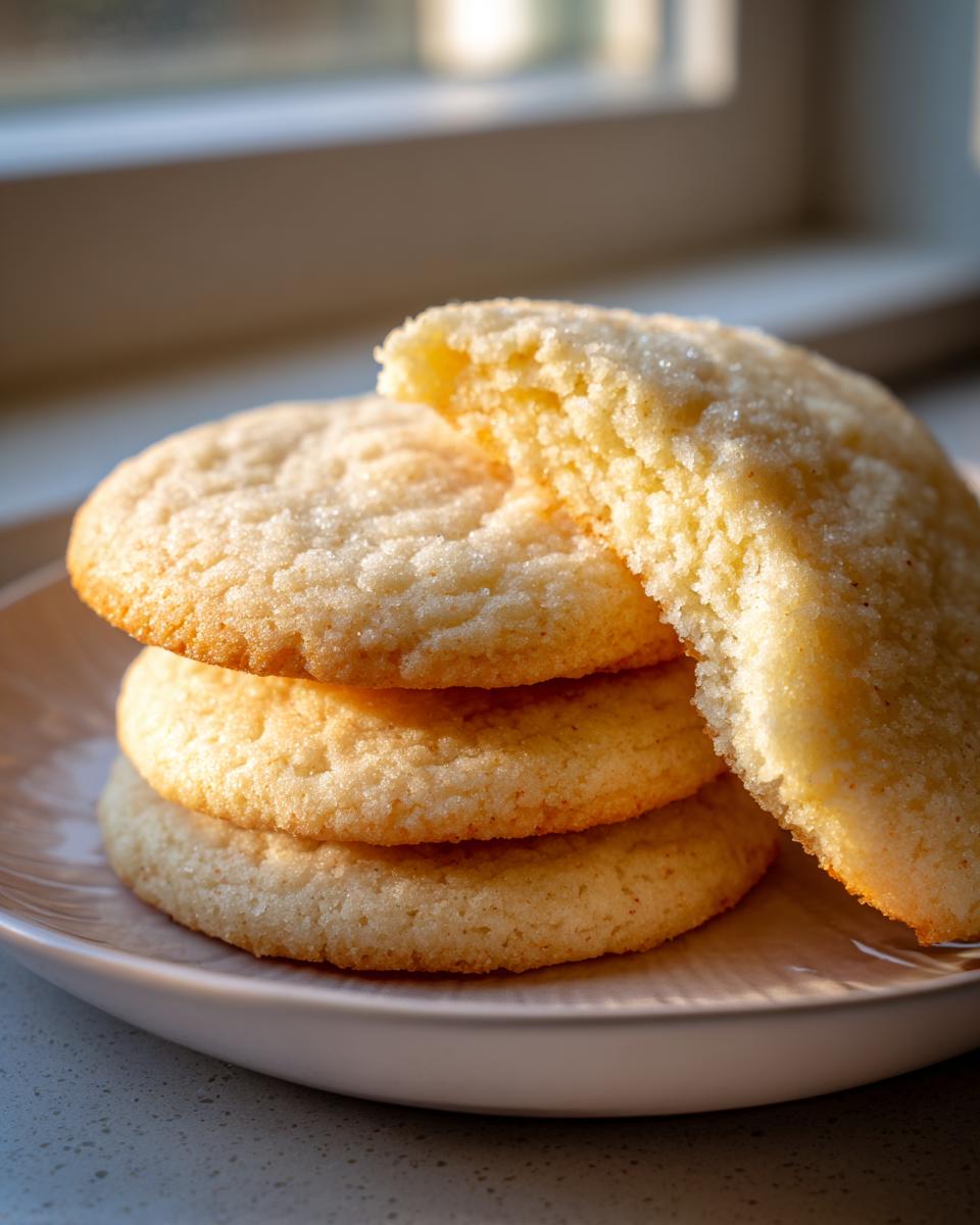 Close-up of three stacked, soft sugar cookies, with the top one broken to show the fluffy interior.