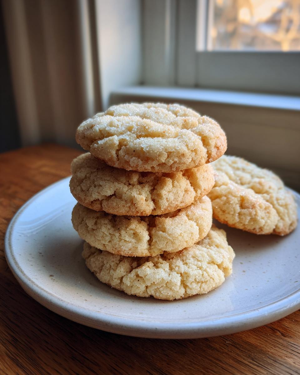 A stack of four golden brown sugar cookies, coated in granulated sugar, resting on a speckled white plate.