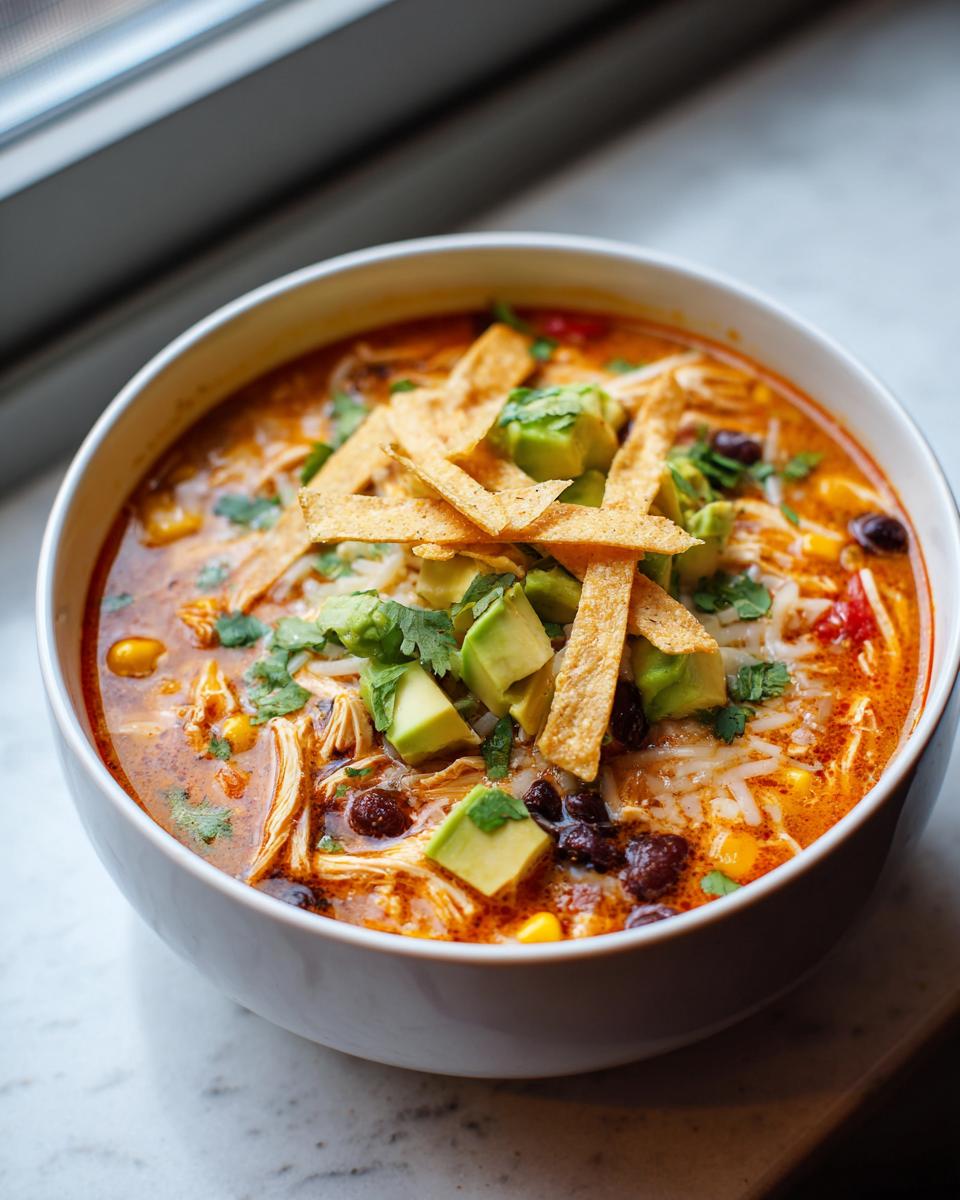 Close-up of a hearty bowl of tortilla soup recipe, loaded with chicken, beans, corn, and topped with avocado, cheese, and tortilla strips.