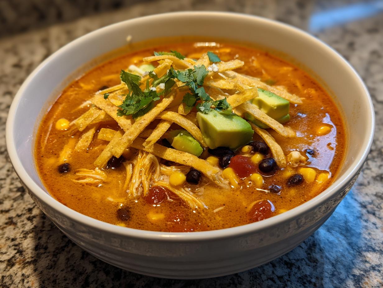 Close-up of a bowl containing the amazing tortilla soup recipe, topped with avocado, black beans, and crispy tortilla strips.