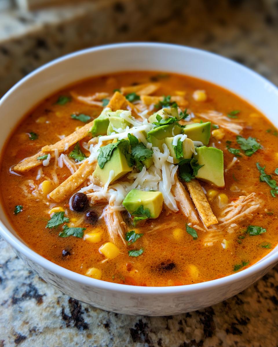 Close-up of a bowl filled with rich, orange-red tortilla soup, topped with avocado, cheese, and tortilla strips.