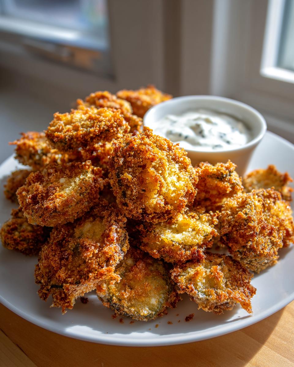 A pile of perfectly crispy, golden brown Fried Pickles served on a white plate next to a small bowl of creamy dipping sauce.