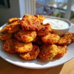 A mound of crispy, golden brown Fried Pickles piled on a white plate next to a small bowl of creamy dipping sauce.