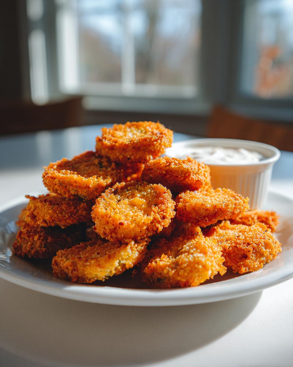 A stack of crispy, golden brown Fried Pickles served on a white plate with a side of dipping sauce.