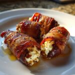 Four close-up shots of bacon wrapped stuffed dates, oozing with creamy cheese filling, resting in a glaze.