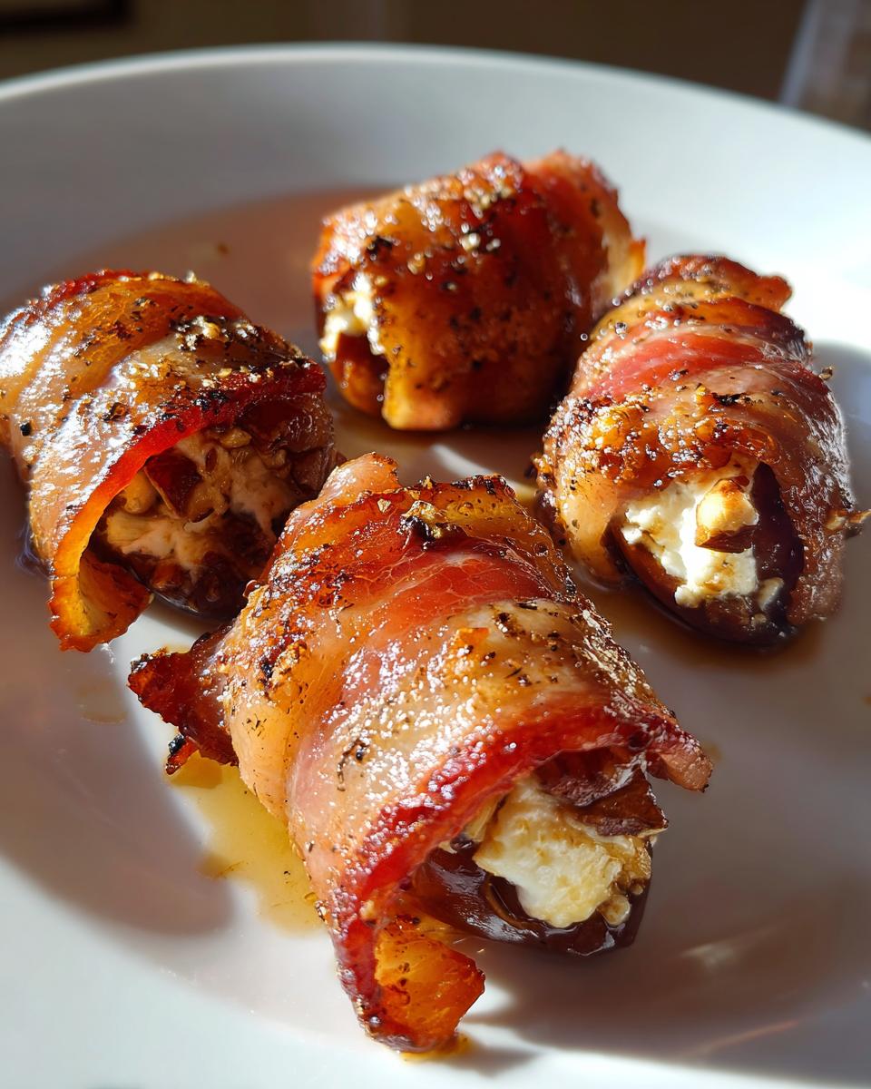 Four perfectly cooked bacon wrapped stuffed dates, oozing with creamy filling, served on a white plate.