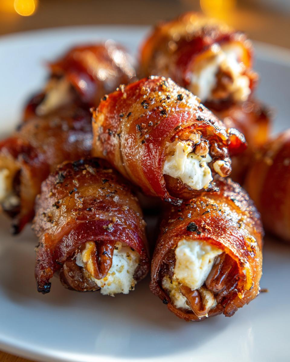 Close-up of several crispy bacon wrapped stuffed dates filled with cheese and nuts on a white plate.
