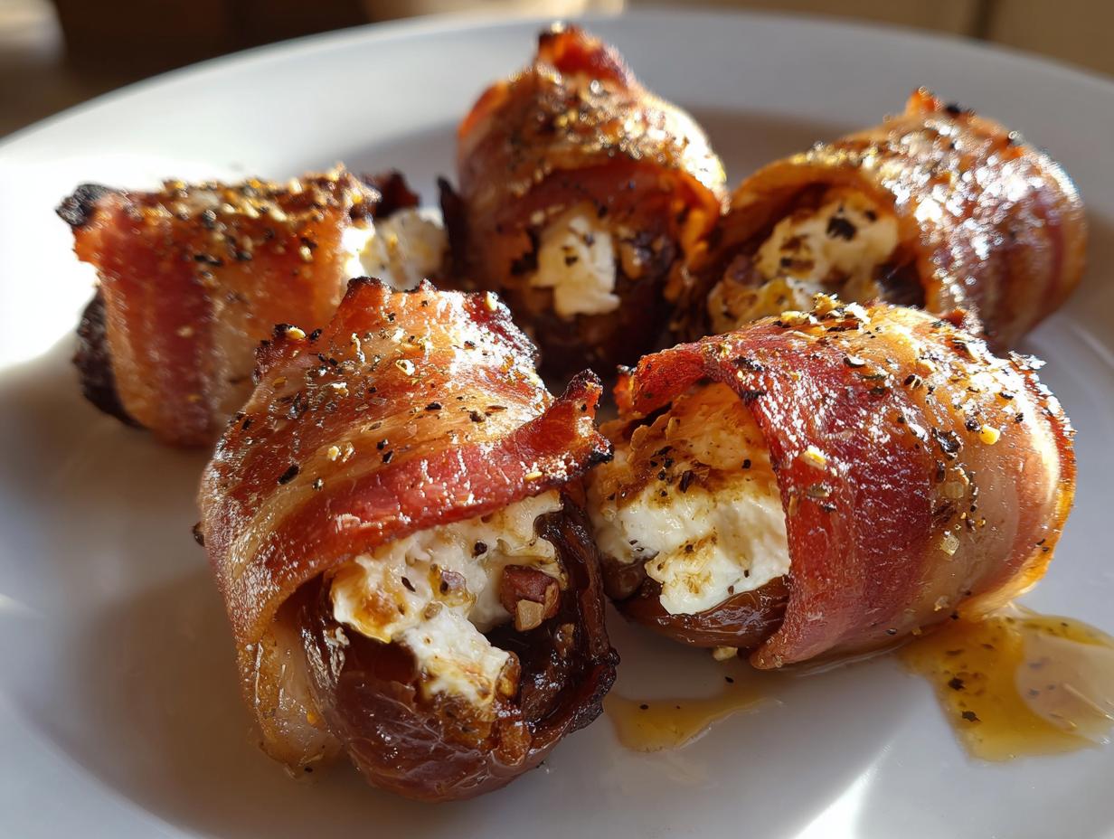Close-up of four bacon wrapped stuffed dates filled with cheese, seasoned and glistening on a white plate.