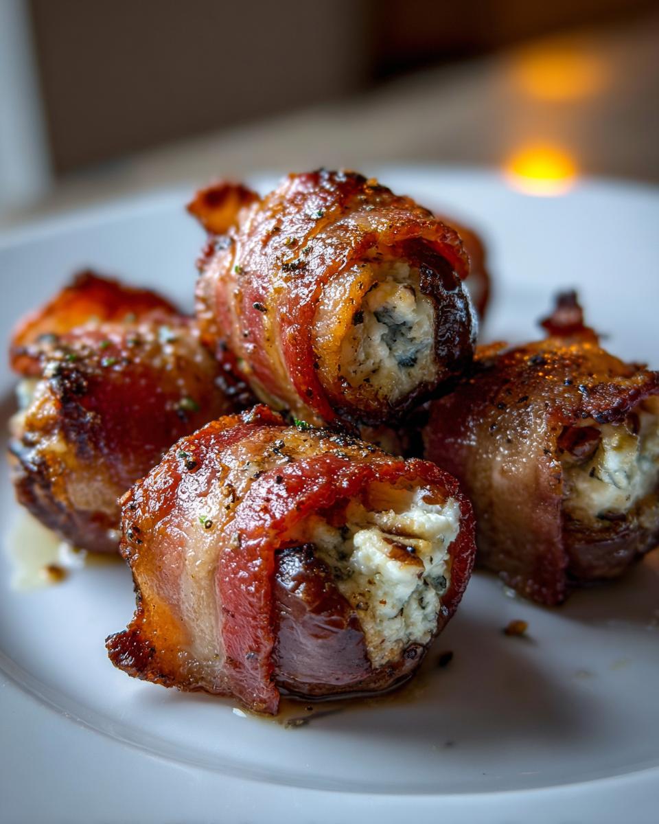 Close-up of several crispy, bacon-wrapped stuffed dates filled with creamy cheese, ready to serve.